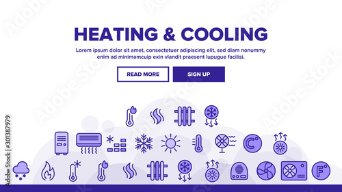 Heating And Cooling System Vector Linear Icons Set. Heating And Cooling Air Conditioning Outline Symbols Pack. Temperature Control Equipment. Radiator, Fan, Thermometer Isolated Contour Illustrations