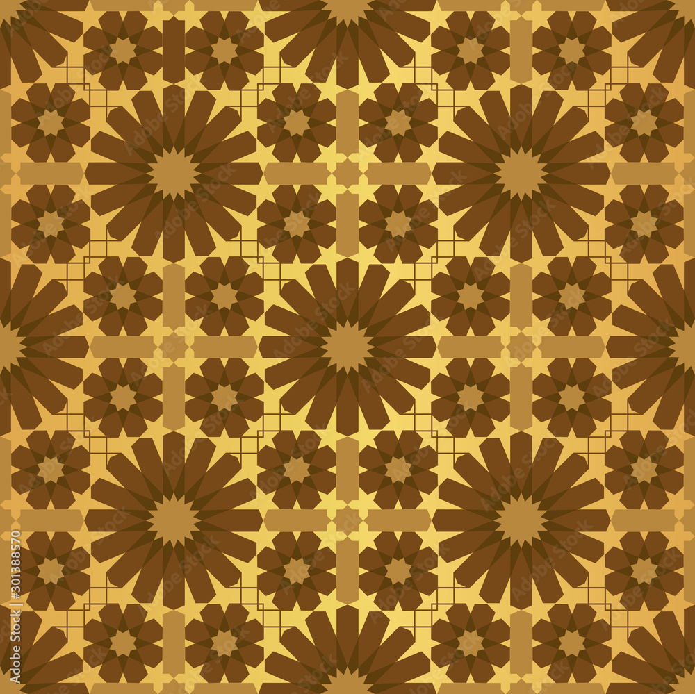 Gold Moroccan motif tile pattern. Luxury decorative geometric design. 