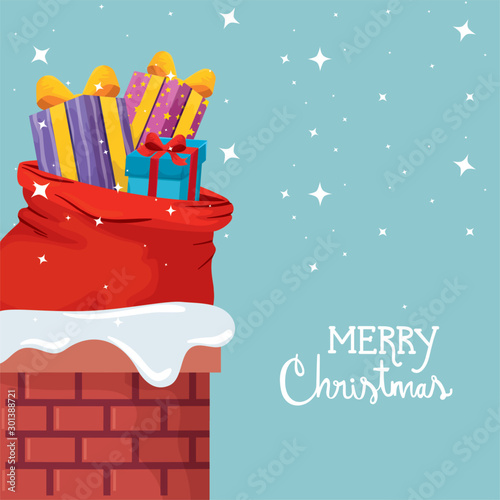 merry christmas poster with gift boxes and bags presents in chimney design