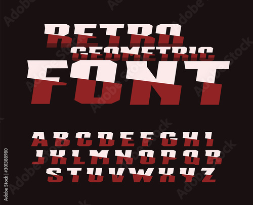 Retro geometric font. Vector cut letters with unusial serifs. Modern alphabet for digital art, tattoo salon, retro game, vintage auto and moto. Typography design.