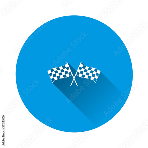 Vector car racing flag icon. Start, finish symbol on blue background. Flat image with long shadow.