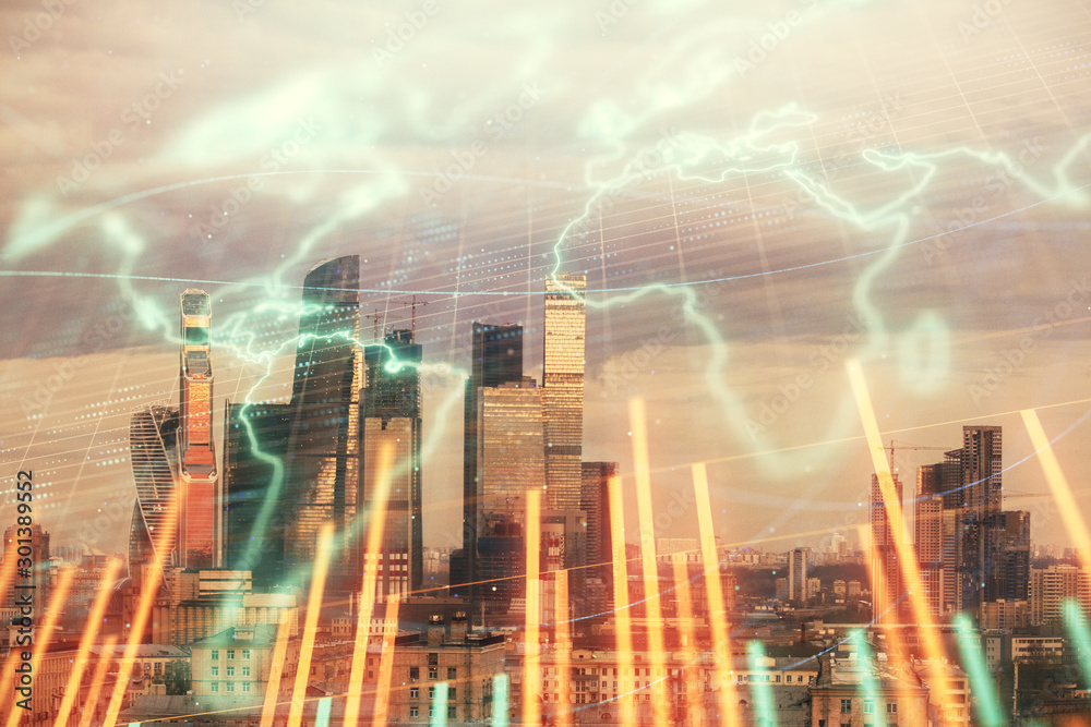 Double exposure of financial graph and world map on city veiw background. Concept of financial market research and analysis Double exposure of financial graph and world map on city veiw background. Concept of financial market research and analysis