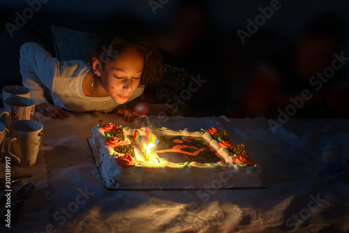 Adorable teen girl celebrating her birthday and blowing candles on beautiful Birthday chocolate cake, indoor. Birthday party for kids. Low key image.