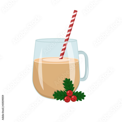 Drink Eggnog in a glass with a striped straw and a Christmas berry Holly. Stock vector graphics