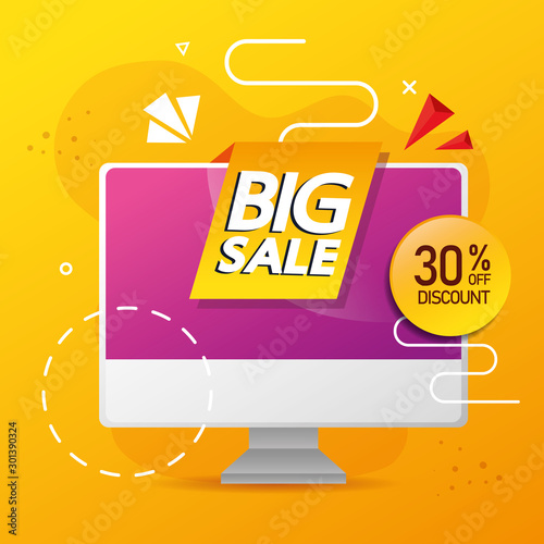 commercial label with big sale lettering in computer and thirty percent discount vector illustration design photo