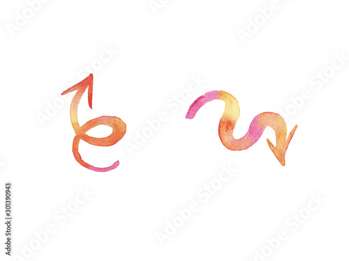 Orange and pink watercolor hand painted brush stroke arrows collection isolated on white background.