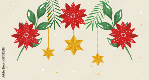 flowers christmas with stars hanging vector illustration design