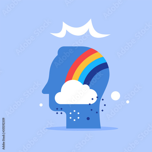 Positive thinking, cloud and rainbow in head, good attitude, optimist mindset