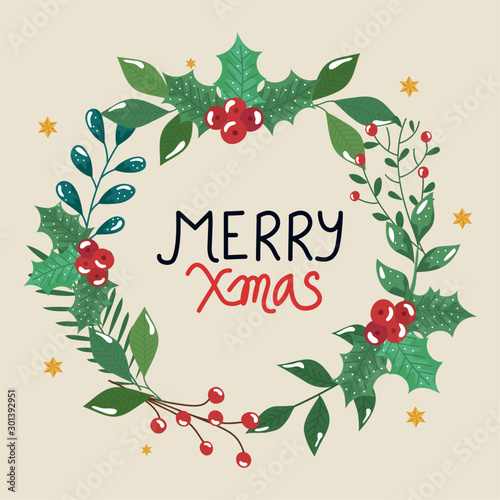 merry christmas poster with crown leafs decorative design