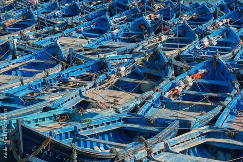 Blue fishing boats in the harbour of Essaouira in Morocco.