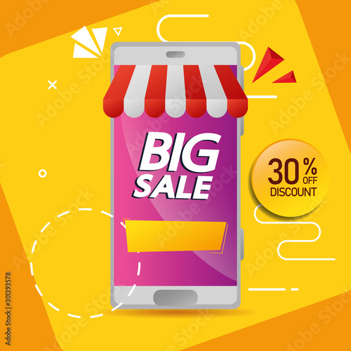 commercial label with big sale offer lettering and thirty percent discount in smartphone vector illustration design