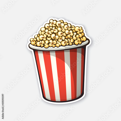 Vector illustration. Bucket full of popcorn. Red and white striped paper cup. Symbol of the film industry and TV watching. Sticker with contour. Isolated on white background