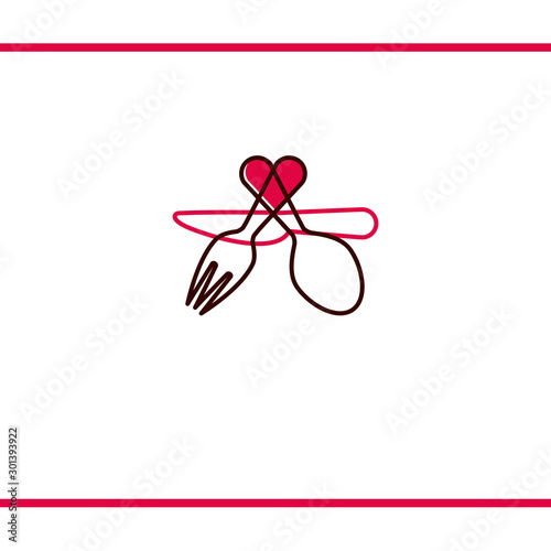 Lovely food logo template. Fork, spoon and knife silhouettes with heart shape. Logo vector design template