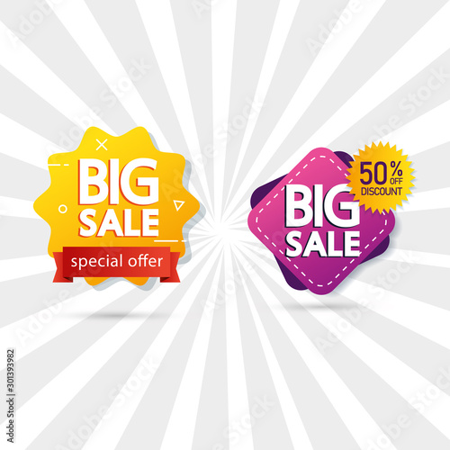 set commercial labels with big sale offer lettering vector illustration design