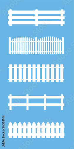 Fences and railings set, different styles. Isolated vector illustration on blue background.