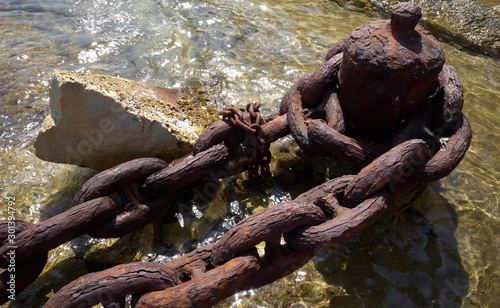 Heavy Rusty Shipping Anchor Chain on the seashore of Manoel Island Malta