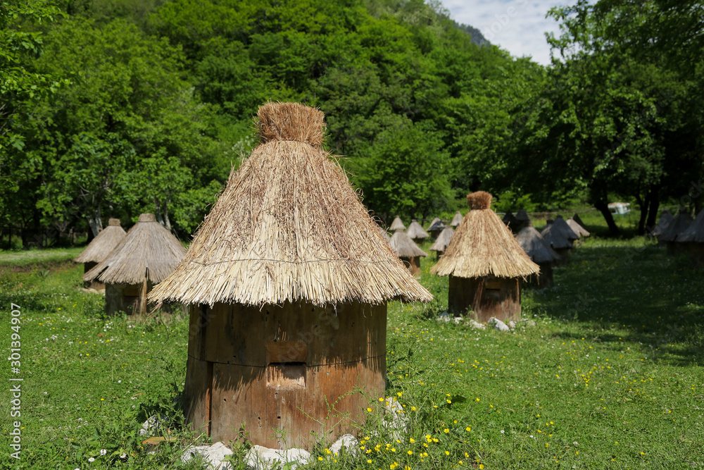 Unusual bee farm with cone-shaped houses among green meadows