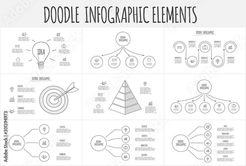 Doodle infographic set with pyramid, goal, circles and other abstract elements. Hand drawn icons. Thin line illustration.