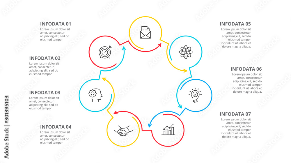 Thin line flat element for infographic. Template for diagram, graph, presentation and chart. Business concept with 7 options, parts, steps or processes.