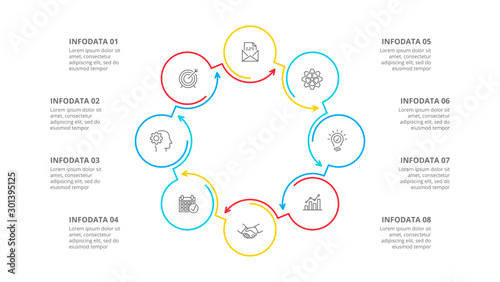 Thin line flat element for infographic. Template for diagram, graph, presentation and chart. Business concept with 8 options, parts, steps or processes.