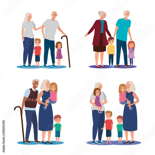 scenes of grandparents with grandchildren avatar character vector illustration design