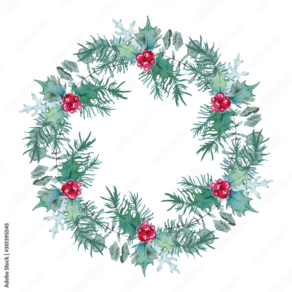 Watercolor Christmas illustration with fir branches, holiday flowers and decorations. Christmas card. Winter design. Merry Christmas. Happy New Year.