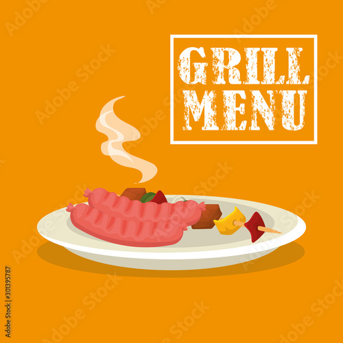 grill menu with sausages and brochette in dish vector illustration design