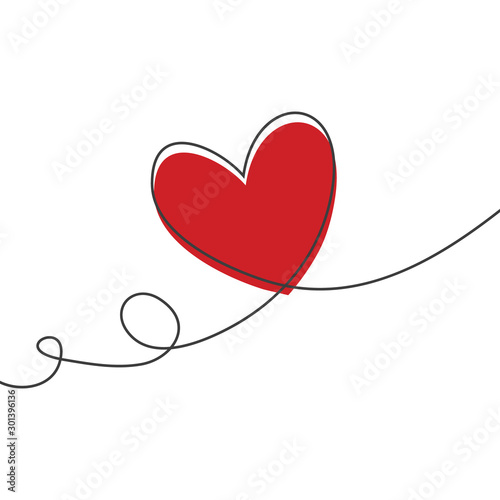 Heart in continuous drawing lines and glitch red heart in a flat style in continuous drawing lines. Continuous black line. The work of flat design. Symbol of love and tenderness