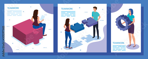 set work team scenes with people and icons vector illustration design