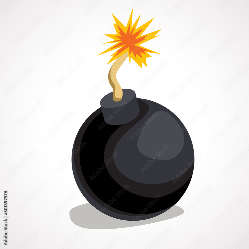 Cartoon round bomb with burning wick. Vector illustration.