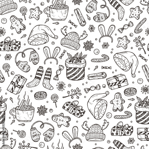 Christmas background. Vector Xmas Seamless pattern. Hand Drawn Doodle Christmas festive knitted clothes, gift boxes, sweets, gingerbread cookies, mulled wine, spice. Holiday wallpaper