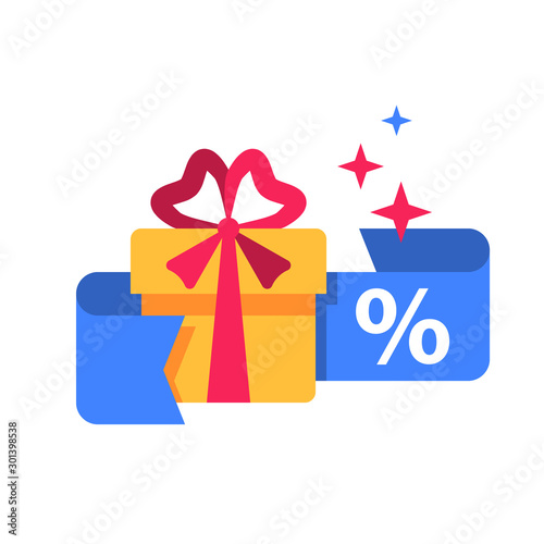 Special reward, prize giveaway, loyalty present, percentage sign, incentive or perks, bonus program