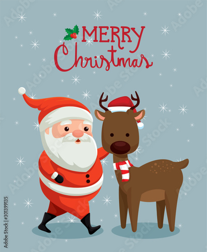 merry christmas poster with santa claus and reindeer design