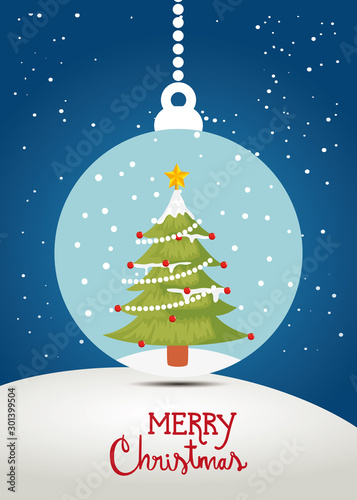 merry christmas poster with pine tree in decorative ball vector illustration design