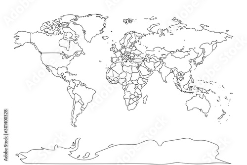 Black outline world map. Flat template for banner, poster, web-site, report, infographic, trendy tattoo template. Globe similar worldmap silhouette. Travel concept. EPS10 illustration.