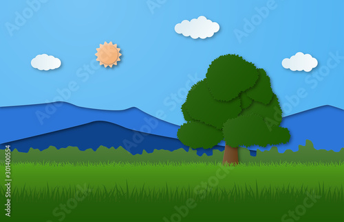 Nature landscape with mountain, forest and big tree on grass filed in paper cut style. Vector illustration digital craft paper art.