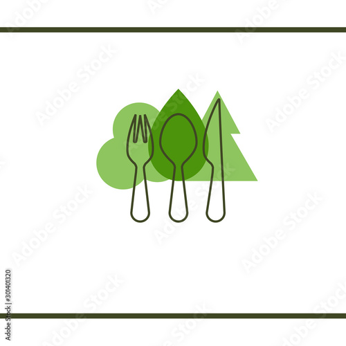 Trees and cutlery. Forest and cutlery. Wooden fork, spoon and knife. Eco cutlery. Healthy lifestyle, organic, food from plant, green market. Creative logo design template
