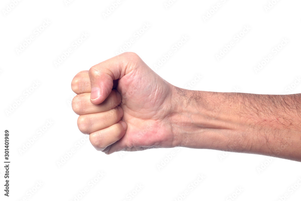 man's hand make closed fist gesture isolated on white background with clipping path and copy space for your text man's hand make closed fist gesture isolated on white background with clipping path and copy space for your text