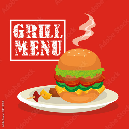 grill menu with delicious hamburger vector illustration design