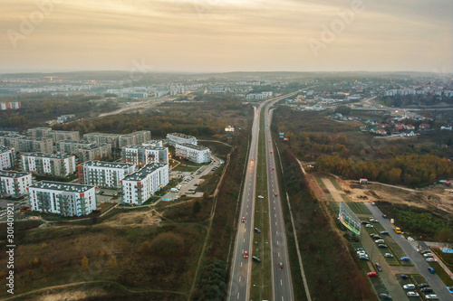 Aerial view of the highway at autumn in Gdansk, Poland