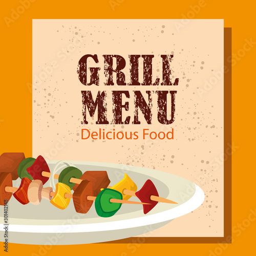 grill menu with delicious brochette in dish vector illustration design