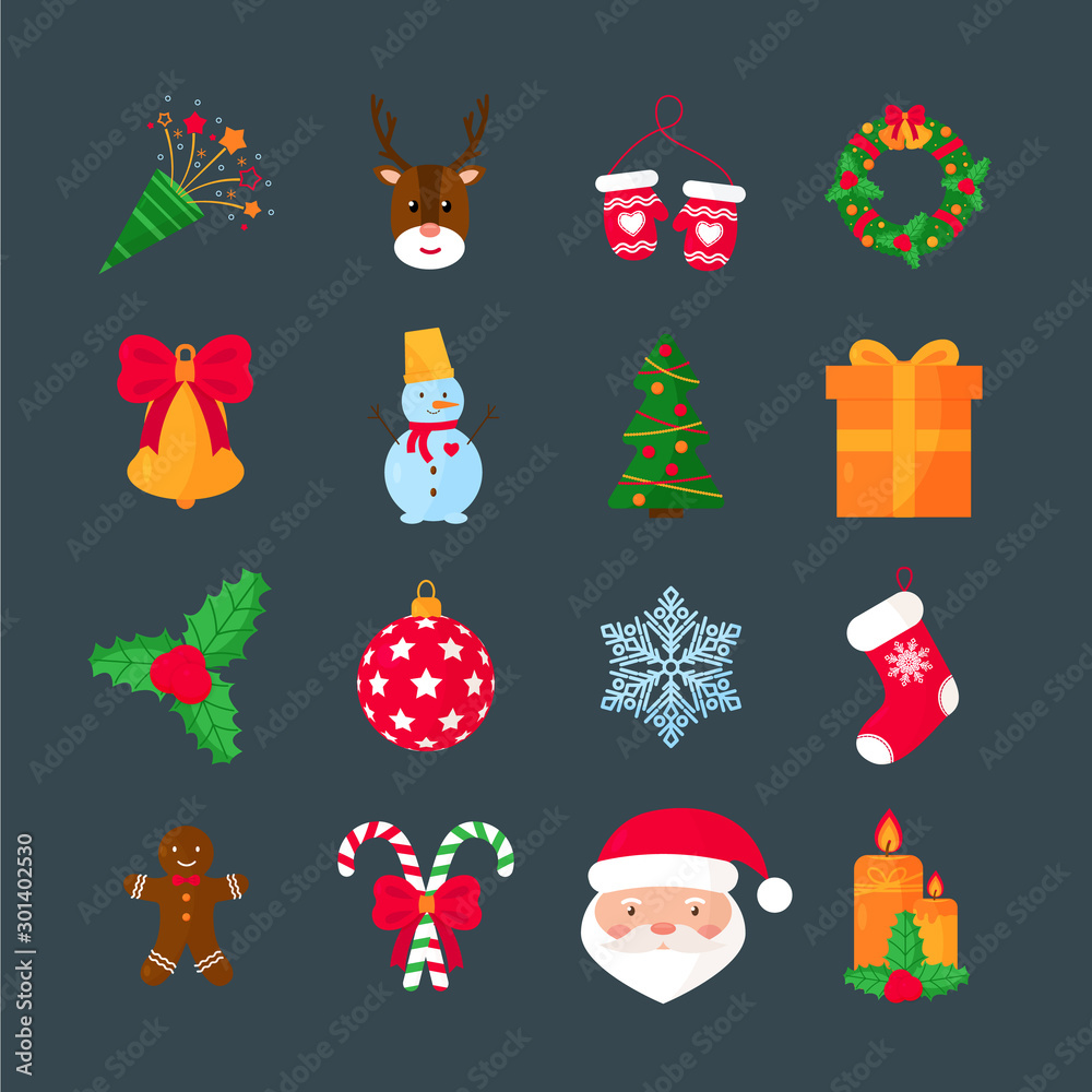 Set of Christmas icons and New Year symbols icons. Christmas card, banner, poster,frame. Flat vector illustration.