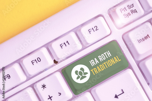 Word writing text Ira Roth Traditional. Business photo showcasing are tax deductible on both state and federal White pc keyboard with empty note paper above white background key copy space