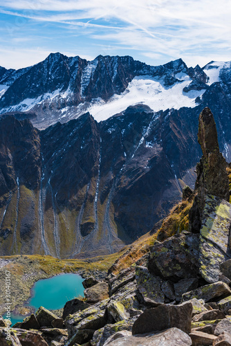 aerial view to lake rinnensee and stubai glacier photo