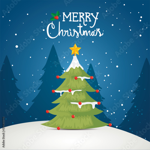 merry christmas poster with pine tree in winter landscape design