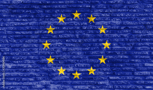Colorful painted national flag of European Union on old brick wall. Illustration.
