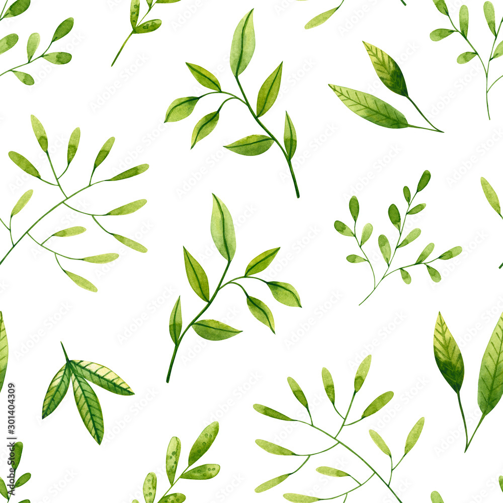 Seamless pattern with green watercolor branches and leaves. Hand drawn illustration isolated on white. Template is perfect for interior design, social media background, fabric textile, wallpaper