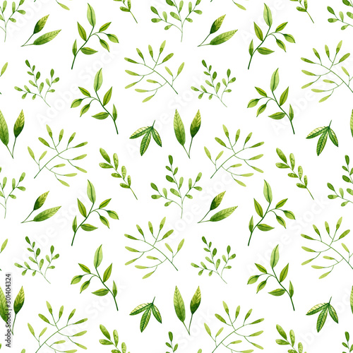 Seamless pattern with watercolor branches and leaves. Hand drawn illustration isolated on white. Template is perfect for interior design  social media background  fabric textile  wallpaper
