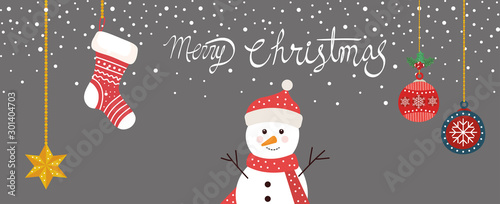 merry christmas poster with snowman and decoration hanging vector illustration design