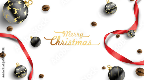 Christmas ball and coffee beans decoration view from above with red ribbon around. Winter holiday concept. Luxury and stylize decoration. - Vector